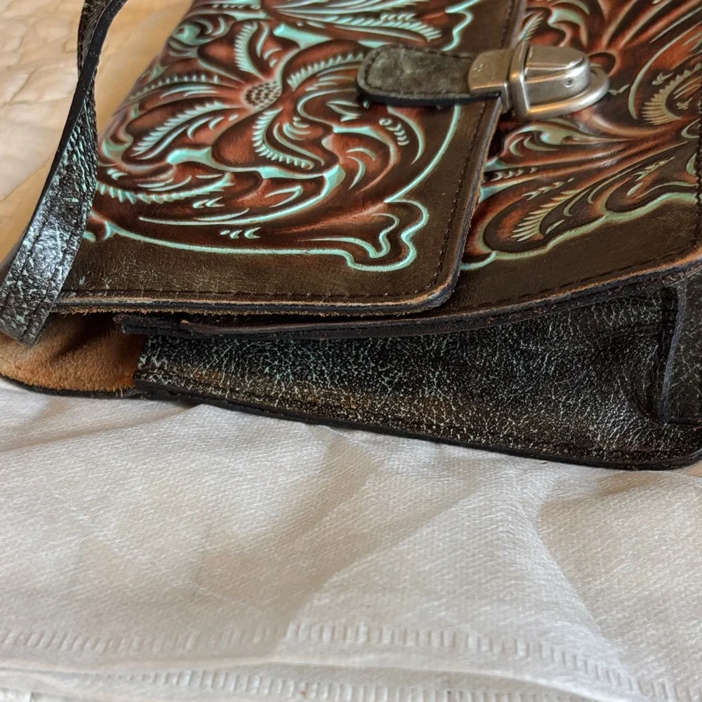 Patricia Nash Locri Leather Crossbody Turquoise Tooled